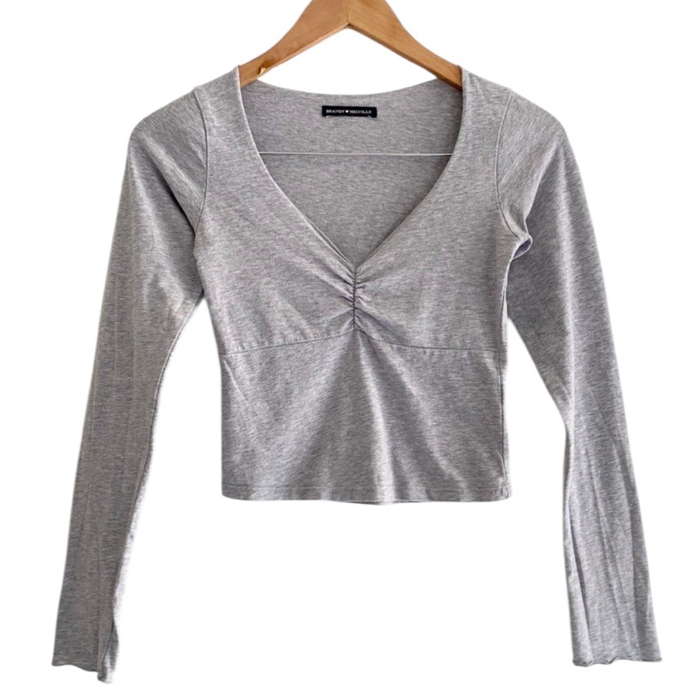Brandy Melville Gray‎ Ruched V-Neck Long Sleeve Top
